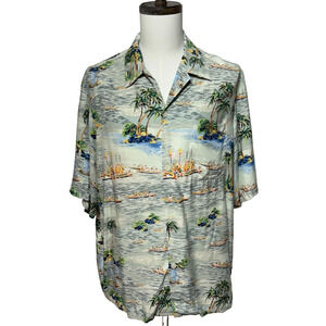 Lucky Beach Hula Shirt Mens XL Green Blue Hawaiian Palm Trees Tropical‎ Beachy